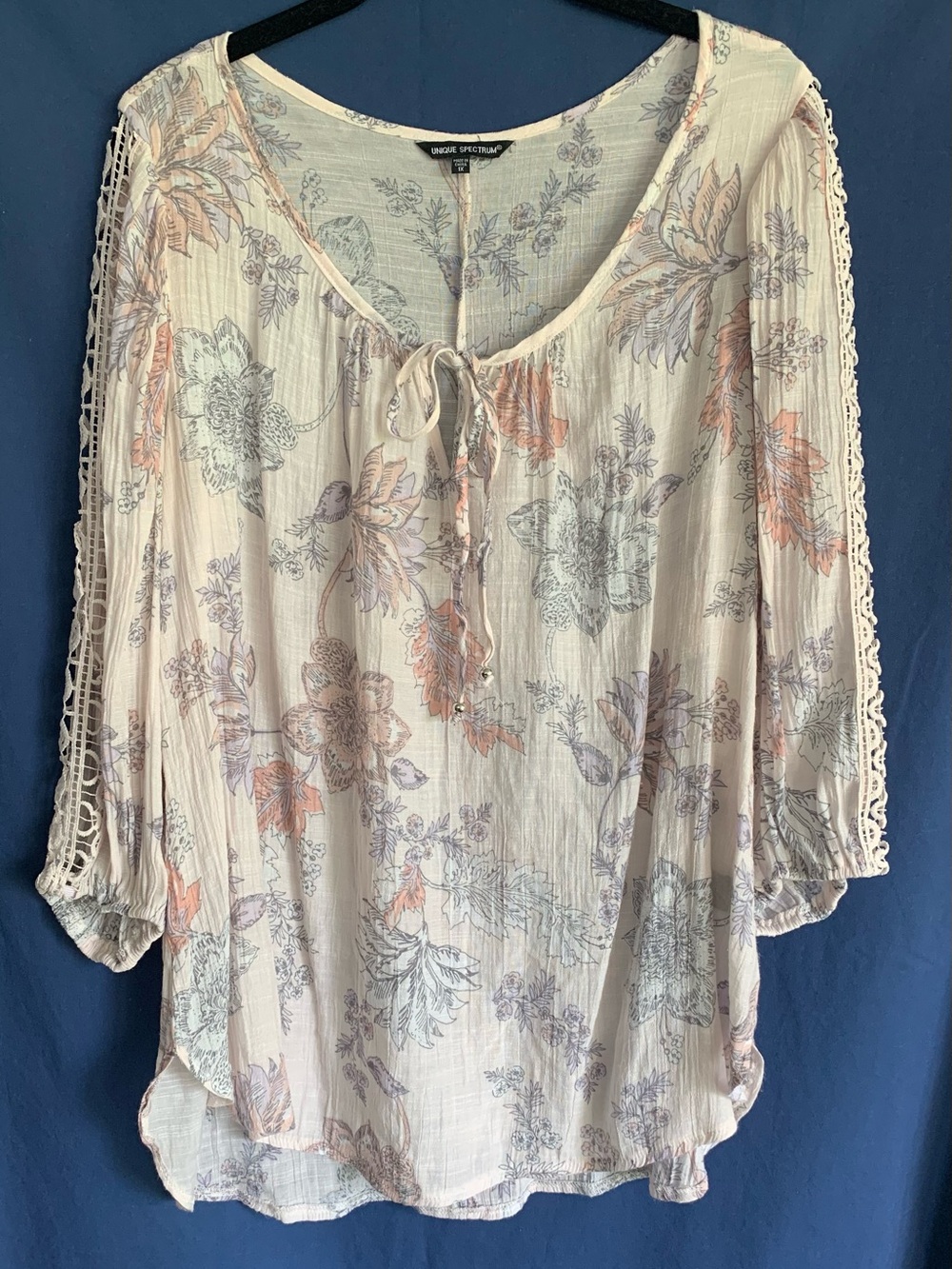 Unique Spectrum Pastel Floral Tie-Neck Peasant Tunic